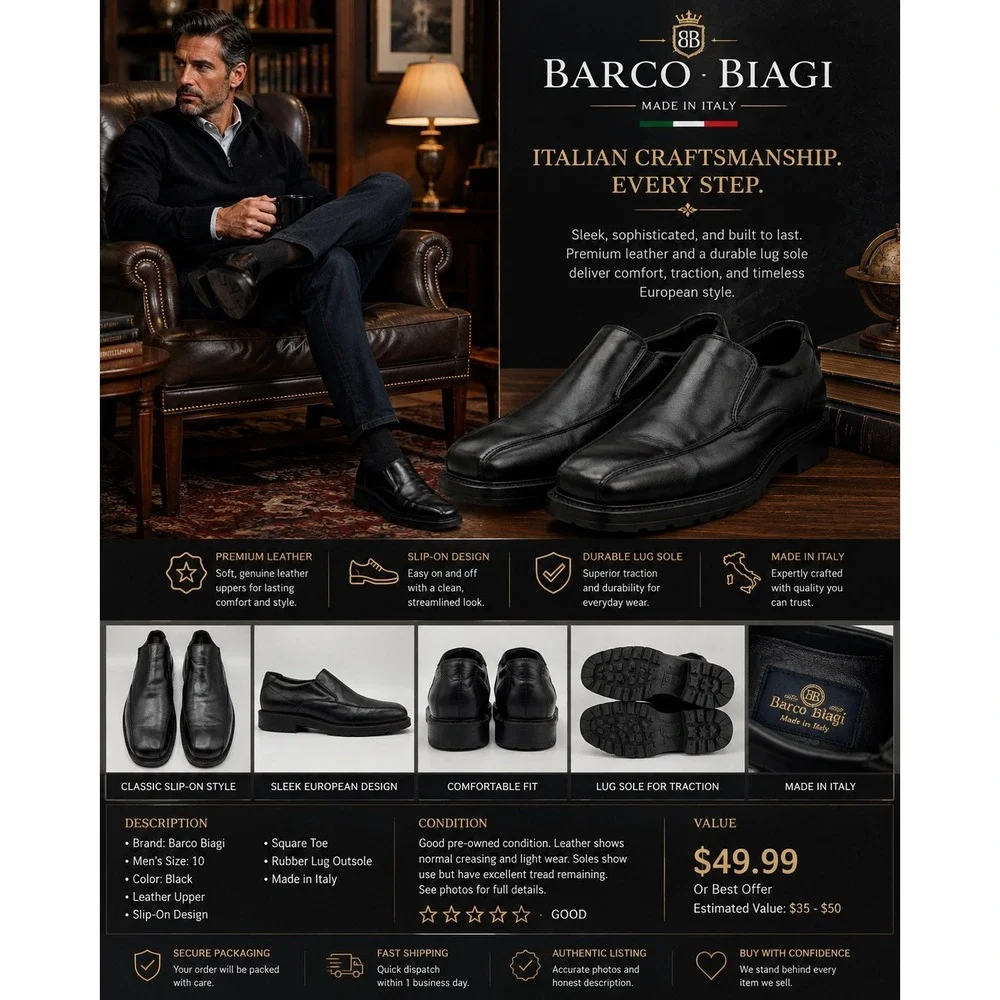 Barco Biagi Men's Black Leather Slip-On Dress Shoes Made in Italy Size 10